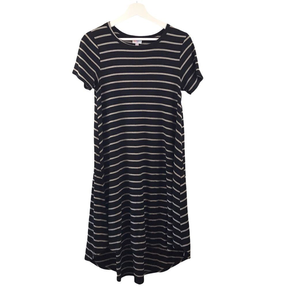 LuLaRoe Carly black & tan striped ribbed high-low dress size XXS